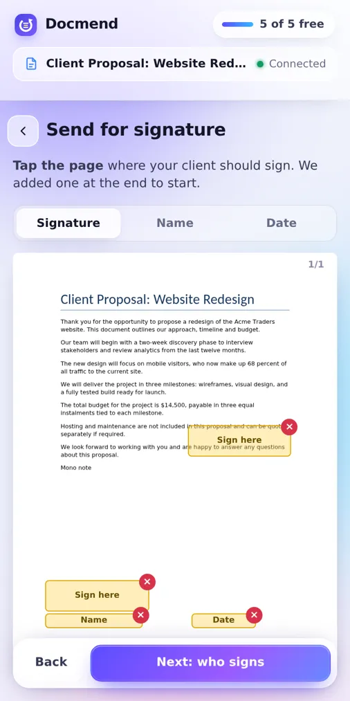 Placing a Sign here box on a document in the Docmend panel